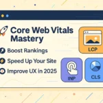 Engaging promotional banner for “Core Web Vitals Mastery” showing a stylized browser window with vibrant icons for LCP, INP, and CLS alongside bullet-point benefits: “Boost Rankings,” “Speed Up Your Site,” and “Improve UX in 2025.”
