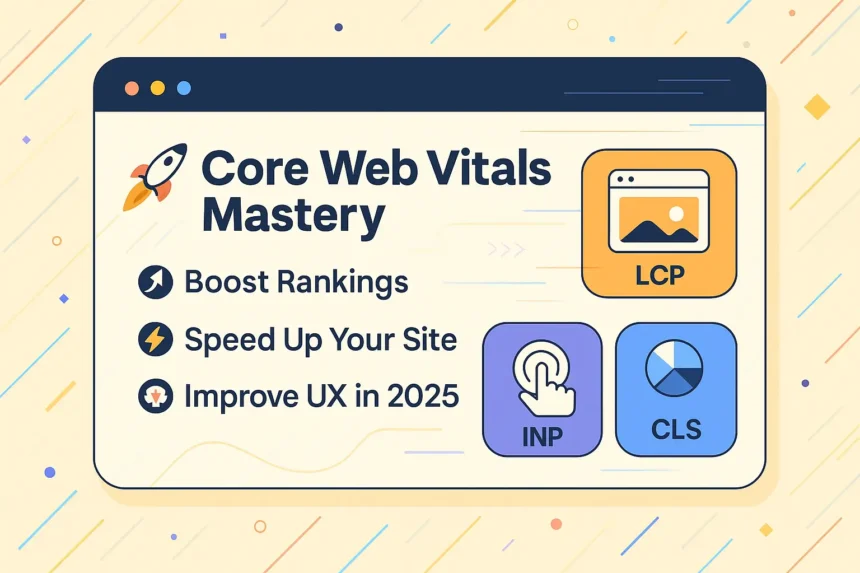 Engaging promotional banner for “Core Web Vitals Mastery” showing a stylized browser window with vibrant icons for LCP, INP, and CLS alongside bullet-point benefits: “Boost Rankings,” “Speed Up Your Site,” and “Improve UX in 2025.”