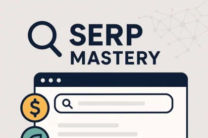 Bold “MASTER THE SERP: WINNING BACK YOUR VISIBILITY IN PAID, ORGANIC, AND LOCAL SEO” headline on a light blue background, a large magnifying glass beside a SERP mockup, and three stacked icons for paid (gold coin), organic (green leaf), and local (orange pin) SEO.