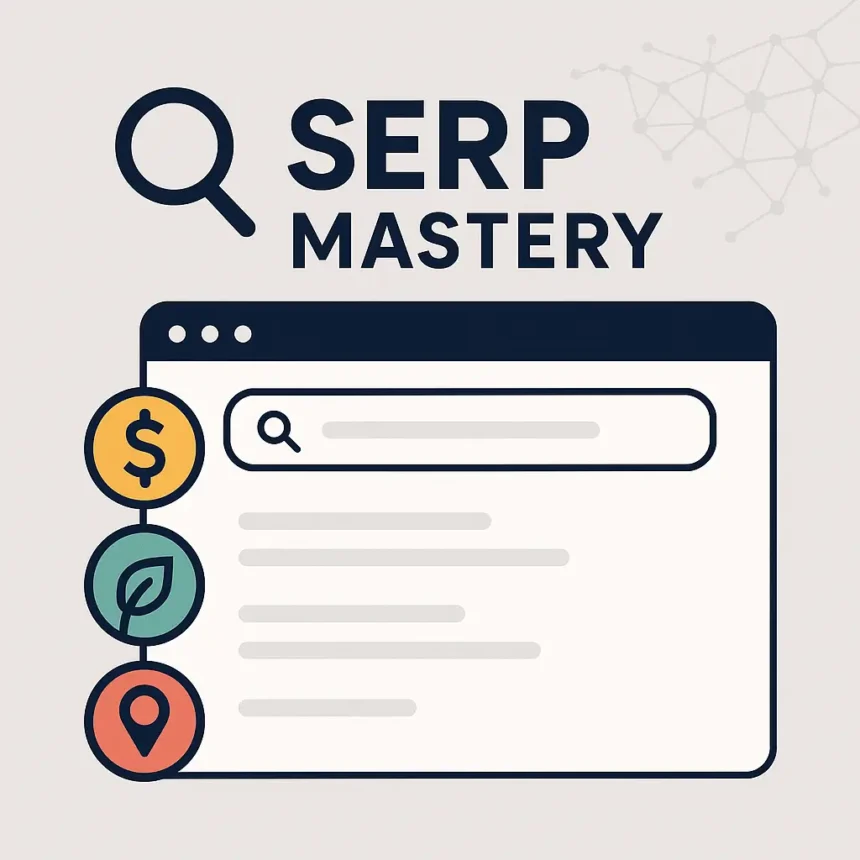Bold “MASTER THE SERP: WINNING BACK YOUR VISIBILITY IN PAID, ORGANIC, AND LOCAL SEO” headline on a light blue background, a large magnifying glass beside a SERP mockup, and three stacked icons for paid (gold coin), organic (green leaf), and local (orange pin) SEO.